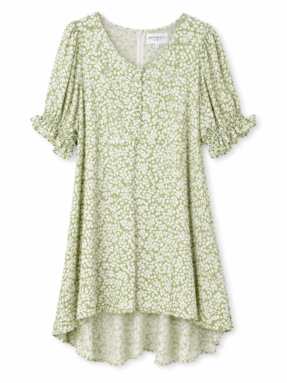 Faithfull The Brand Green White Floral Mini Dress Size L Puff Sleeve